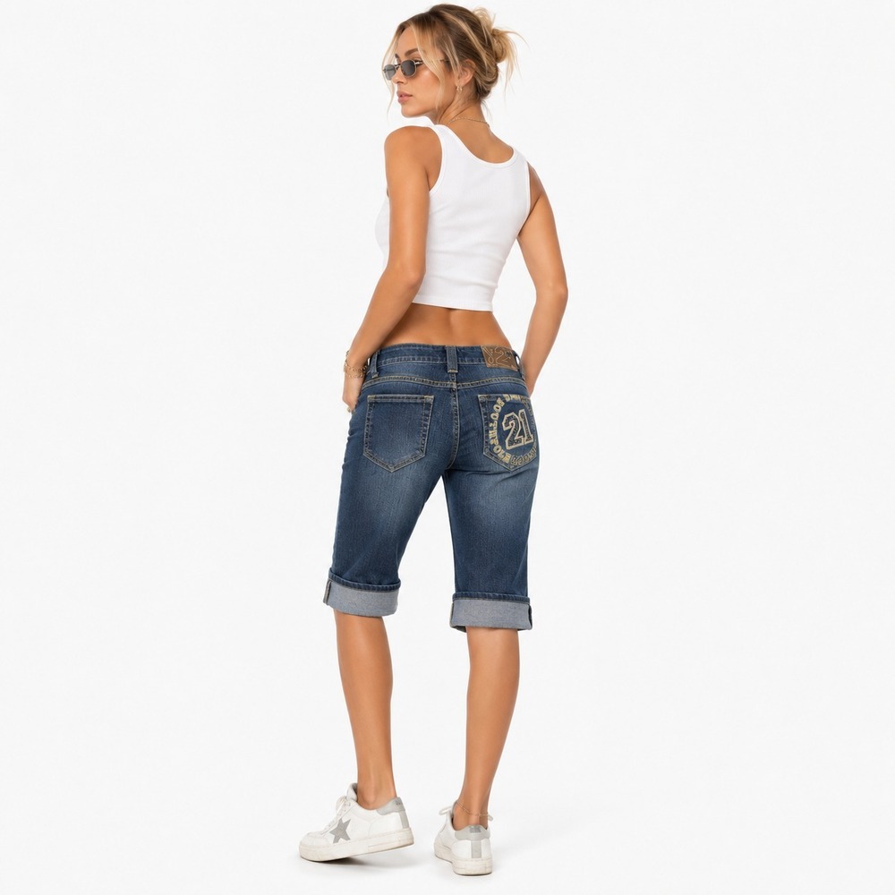 Southpole No. 21 Denim Capri Shorts Womens Sz 15 Blue Embroidered Y2K Streetwear